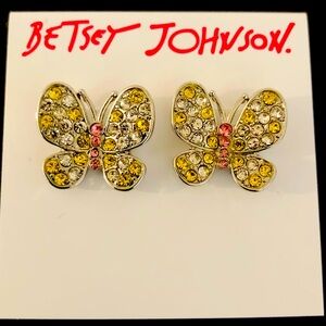 Authentic Betsey Johnson Silver Tone Yellow Rhinestone Butterfly Earrings NWT